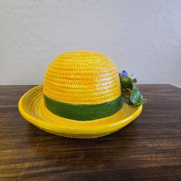 Vintage Ceramic Hat Shaped Wall or Table Yellow With Flowers Made In Italy - Picture 10 of 12